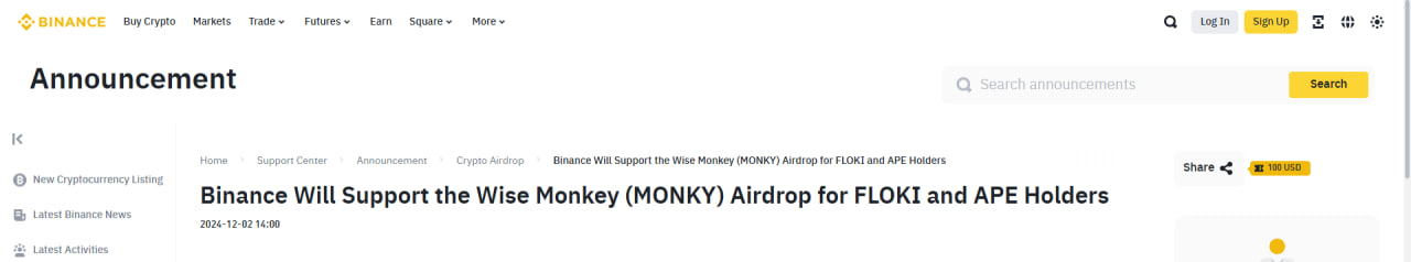 Binance Sẽ Hỗ Trợ Airdrop Memecoin MONKY Cho Users Nắm Giữ FLOKI và APE