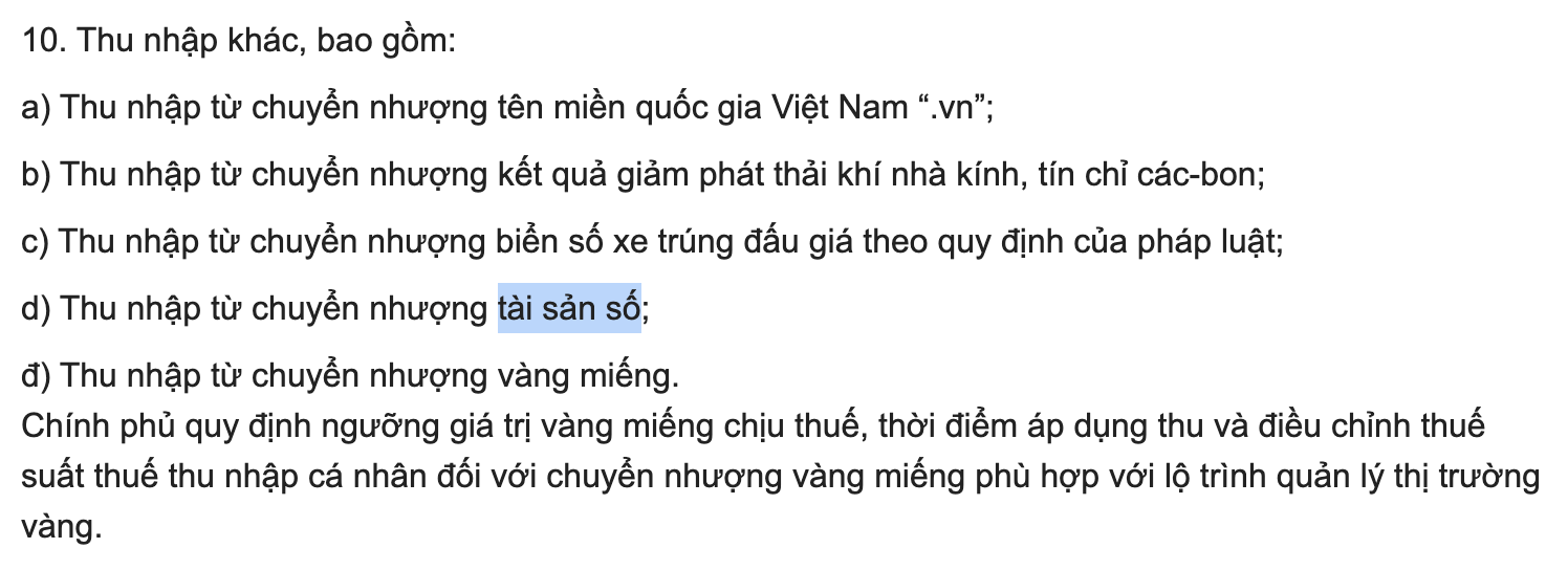Tài sản số vào diện chịu thuế crypto. Nguồn: Luật Thuế TNCN.