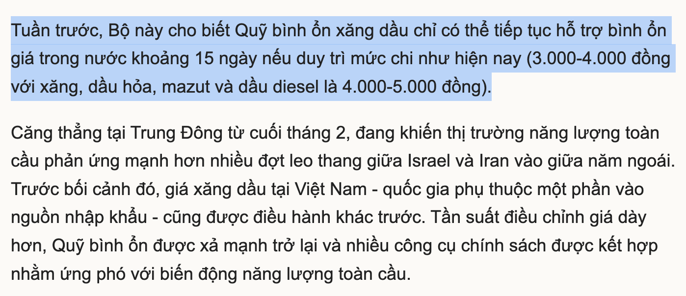Bộ Công Thương - Tài chính xác nhận Quỹ bình ổn xăng dầu chỉ có thể tiếp tục hỗ trợ bình ổn giá trong nước khoảng 15 ngày nếu duy trì mức chi như hiện nay. Nguồn: vnexpress.