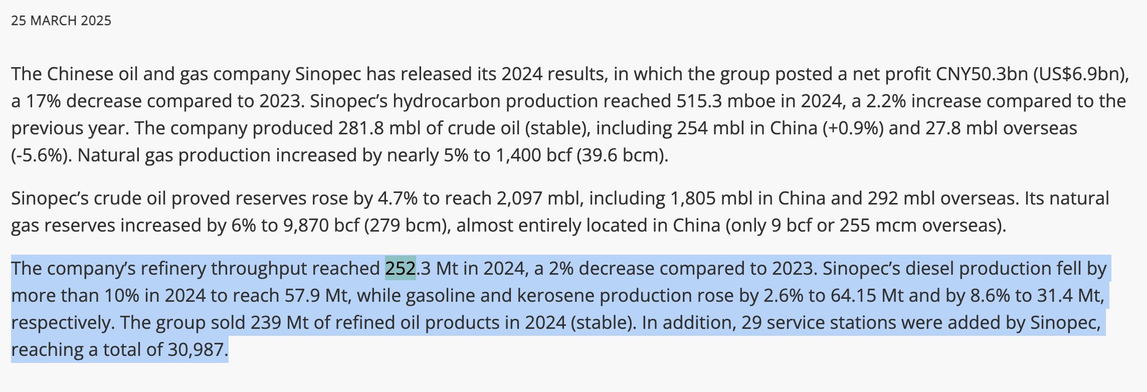 Sinopec chế biến 252,3 triệu tấn dầu thô năm 2024. Nguồn: enerdata.