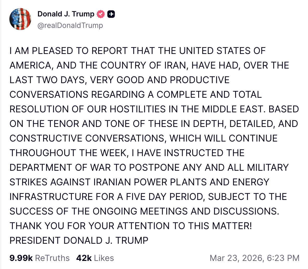 Thông báo của Trump trên Truth Social. Nguồn: Truth Social.