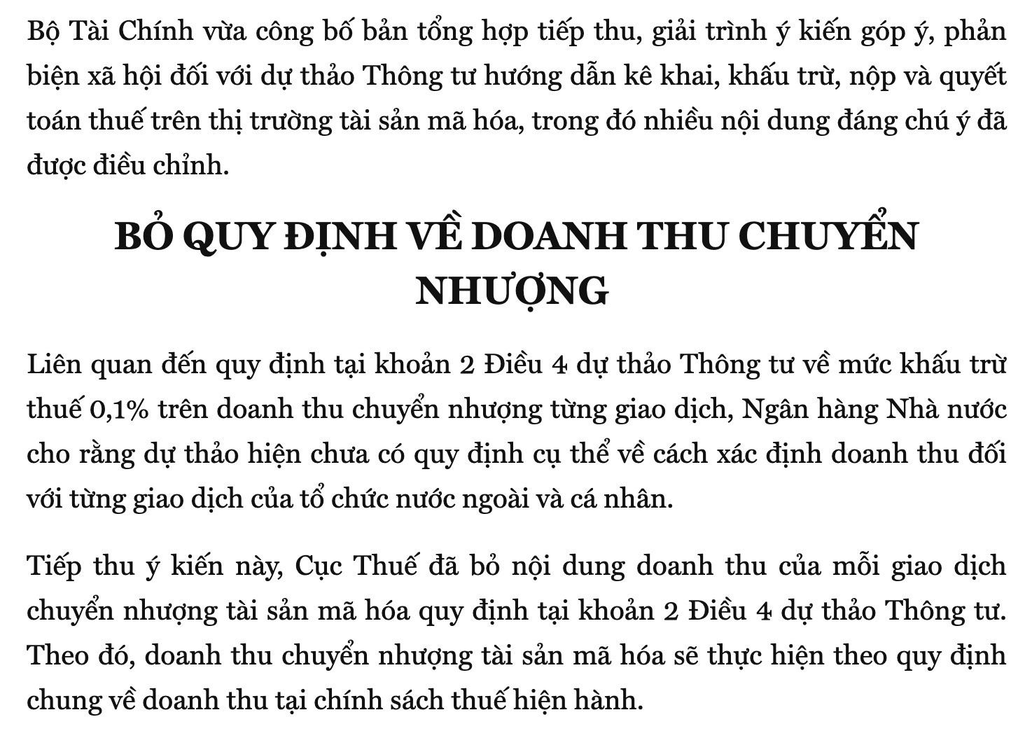 Bộ Tài Chính vừa công bố bản tổng hợp tiếp thu, giải trình ý kiến góp ý, phản biện xã hội đối với dự thảo Thông tư hướng dẫn kê khai, khấu trừ, nộp và quyết toán thuế trên thị trường tài sản mã hóa. Nguồn: vneconomy. 