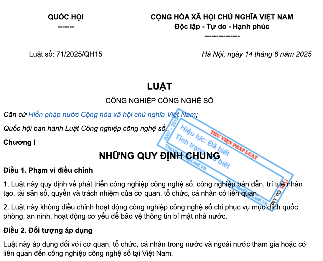 Luật Công nghiệp công nghệ số 2025 (Hiệu lực 01/01/2026). Nguồn: Thư viện pháp luật.
