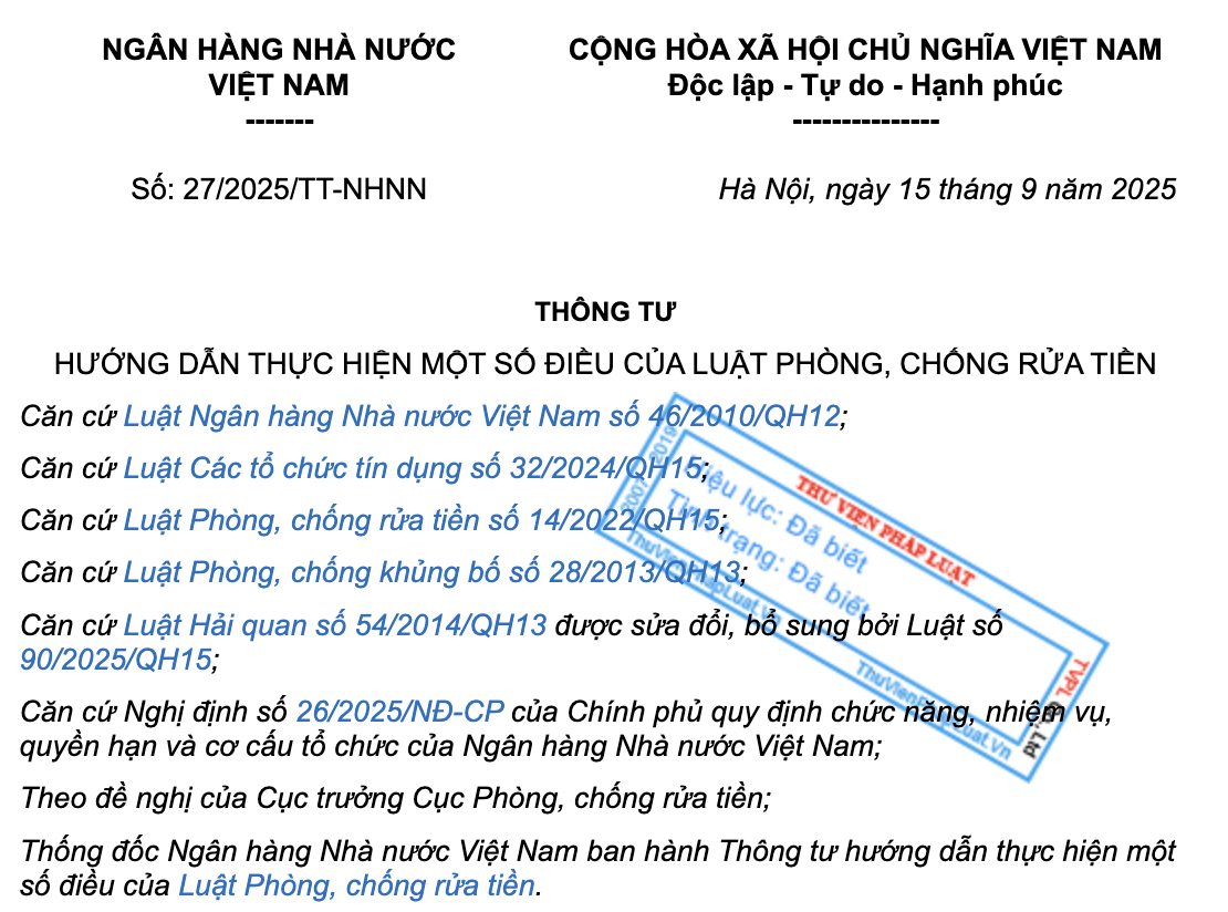 Hướng dẫn AML (phòng chống rửa tiền) và các ngưỡng báo cáo giao dịch. Nguồn: Thư viện pháp luật.
