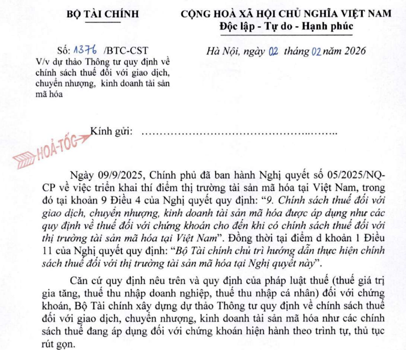 Dự thảo Thuế (02/02/2026): Đề xuất quy định về chính sách thuế đối với giao dịch, chuyển nhượng, kinh doanh tài sản mã hóa. Nguồn: Chính phủ.