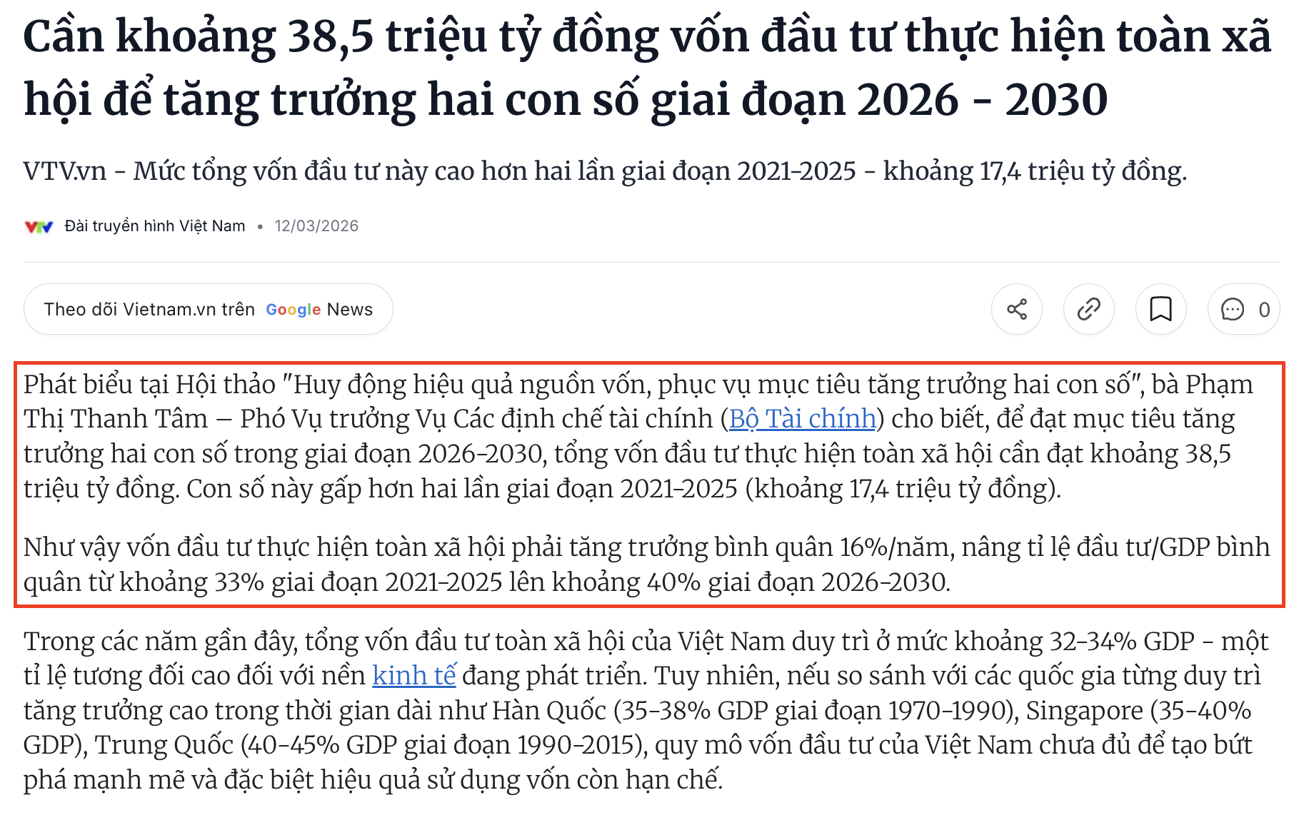bà Phạm Thị Thanh Tâm – Phó Vụ trưởng Vụ Các định chế tài chính (Bộ Tài chính) cho biết, để đạt mục tiêu tăng trưởng hai con số trong giai đoạn 2026-2030, tổng vốn đầu tư thực hiện toàn xã hội cần đạt khoảng 38,5 triệu tỷ đồng. Con số này gấp hơn hai lần giai đoạn 2021-2025 (khoảng 17,4 triệu tỷ đồng). Nguồn: Vietnamnet. 