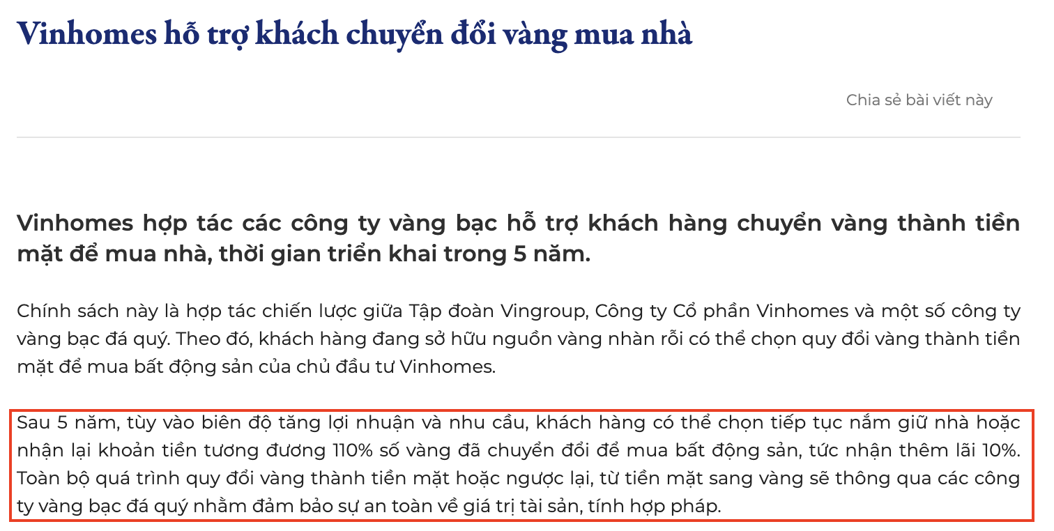Vinhomes hỗ trợ khách chuyển đổi vàng mua nhà. Nguồn: Vinhomes. 