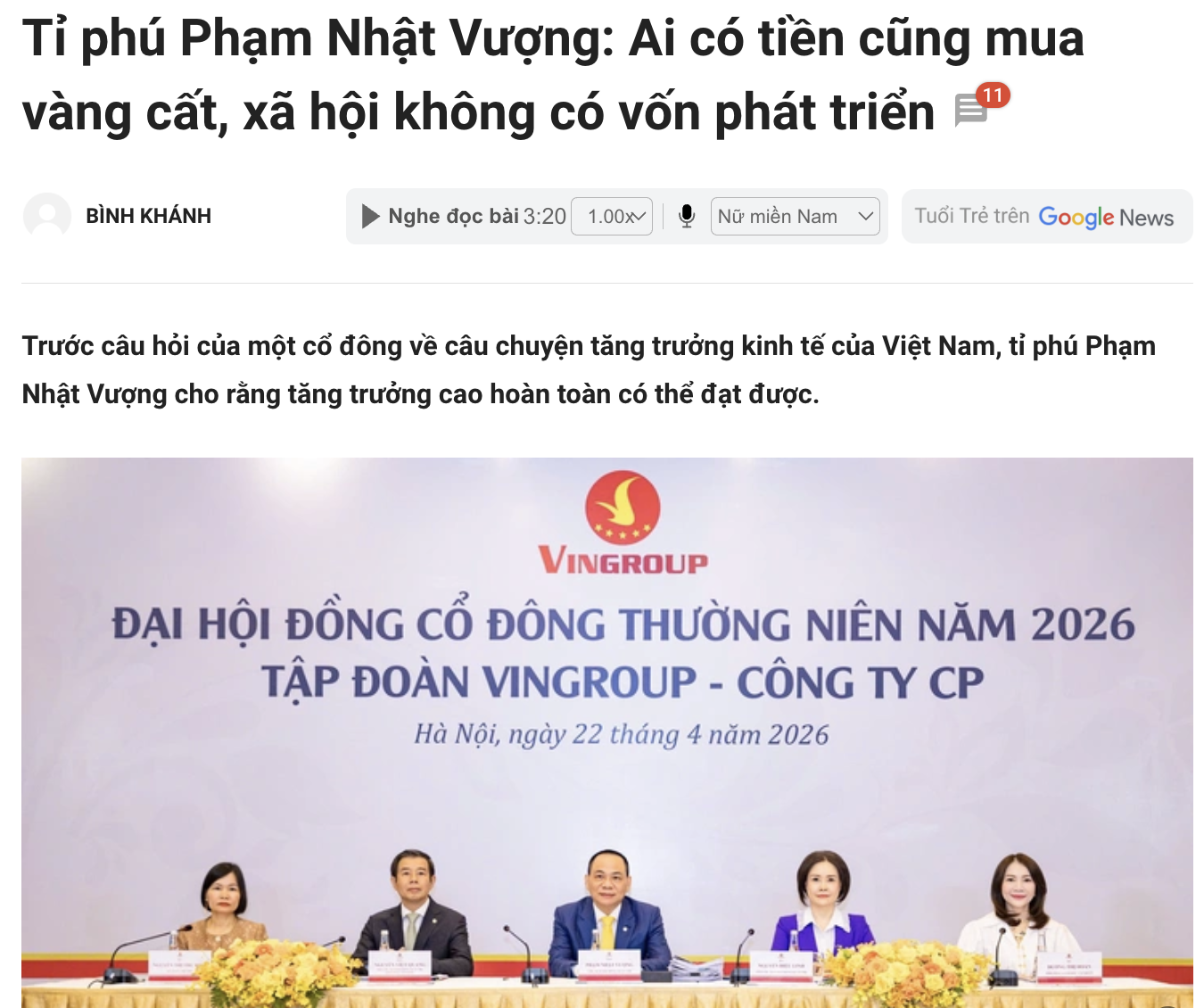 Phát biểu của Vượng tại Tại phần thảo luận của Đại hội đồng cổ đông thường niên 2026 của Tập đoàn Vingroup (ĐHĐCĐ Vingroup 2026). Nguồn: tuoitreonline. 